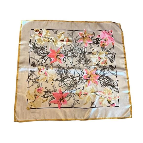 Vintage Scarf Yellow Pink Flowers Large 33.5 X 32” Silky Feel New Old Stock - Picture 1 of 5